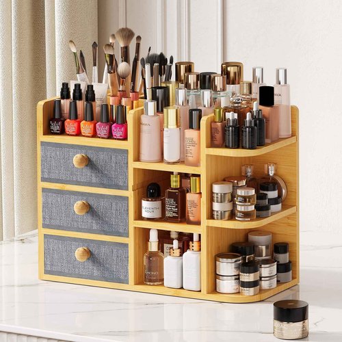 Large Bamboo Makeup Organizer For Vanity, Large Capacity 3 Tiers Bamboo Bathroom Counter Organizers and Storage, Countertop Make Up Skin Care Holder with 3 Brush Holders 3 Drawers 7 Compartments
