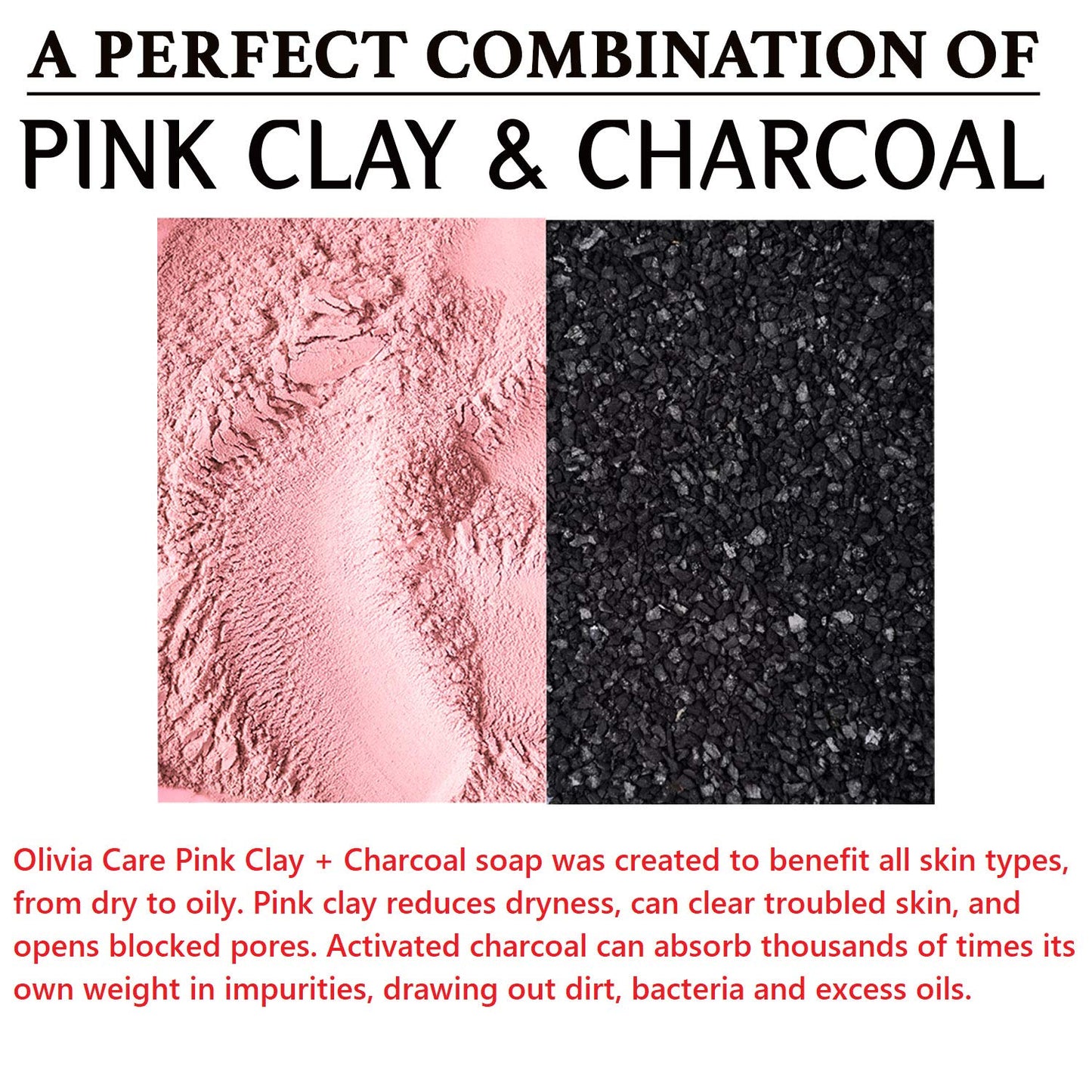 Olivia Care Pink Clay Charcoal Bar Soap 100% Natural, Vegan & Organic - For Face & Body - Detoxify, Exfoliate, Hydrate, Glows, Moisturize & Deep Clean - Leave Skin Smooth & Silky - 8 OZ