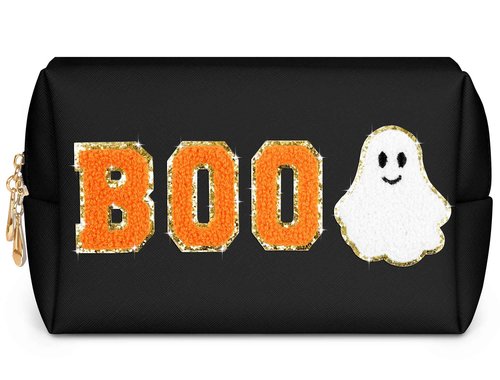 Dripkiaa Halloween Makeup Bag Chenille Patch Travel Cosmetic Bag Organizer Large Capacity Toiletry Bag Make Up Bags Cosmetic Pouch, Boo Basket Gifts for Women, Girls - Black