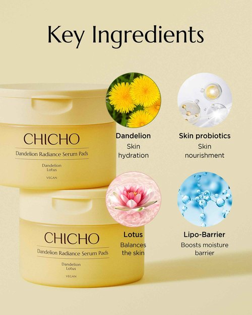 CHICHO Dandelion Radiance Serum Pads 80.2% Dandelion Biome Lotus Extract - Vegan Toner Pad for Radiant Skin - Natural Origin Fabric Sensitive Skin, Korean Skincare, 90 Pads