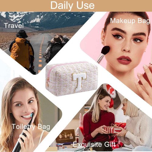 HHQQWZ Small Makeup Bag, Travel Cosmetic Bags for Women, Christmas Gifts for Girls Age 6-18, Pink Floral Zipper Makeup Pouch, Alphabet Make up Organizer Case, Travel Essentials Trendy Stuff (Pink T)