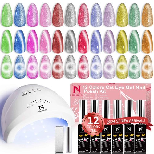 noirwhite Cat Eye Gel Nail Polish Kit with UV Light，12 Colors Glitter Pink Red Purple Green Blue Gold Shimmer Colors Gel Nail Polish with Magnet Top Base Coat Nail Art Manicure Salon DIY Home Gifts