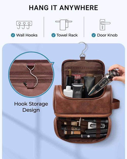 Elviros Toiletry Bag for Mens PU Leather Travel Organizer Kit with Hanging hook, Large Water-resistant Toiletries Bathroom Shaving Bags (Extra Large, Dark Brown)