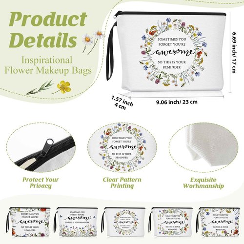 Reginary 5 Pcs Christmas Inspirational Makeup Bags for Women Bulk Motivational Flower Canvas Cosmetic Bag with Zipper Gifts Thank You Gift for Staff Employee Coworker Party Gifts, 9 x 6.7 in