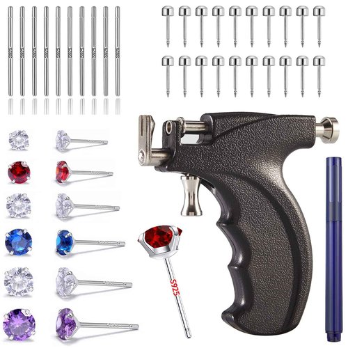 EOKOW Ear Piercing Kit Professional Reusable Self Peircings Gun Tools With Silver Earrings Set Stainless Steel Studs For All Body Lip Nose Salon Home Use