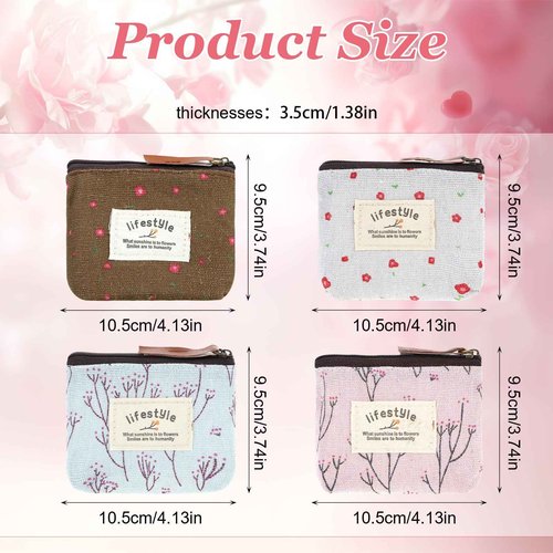Apausvcm 4Pcs Mini Makeup Bag, Linen Floral Pouch for Purse Small Cosmetic Bag with Zipper Portable Toiletry Organizer Cute Coin Purse Storage Pouch Bag Fabric Cosmetic Pouch for Girl Women