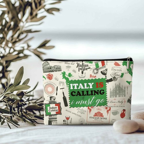 Italy Travel Gifts Bag, Italy is Calling I Must Go, Retro Stamp Italy Organizer Bag. 10x7 Inches