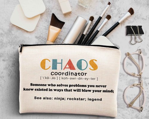 kdqua Chaos Coordinator Makeup Bag for Women, Thank You Supervisor Gifts for Boss Teacher Boss Lady Coworkers, Christmas Staff Appreciation Gifts Linen Cosmetic Bag Zipper Pouch Travel Toiletry Bag