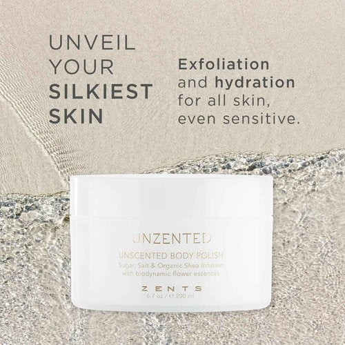 ZENTS Body Polish, Exfoliating Salt & Sugar Body Scrub with Organic Shea Butter, Unzented Fragrance Free for Sensitive Skin, 6.7 oz