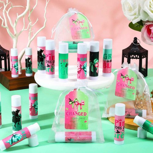 QAUYETM 50 Set Wicked Gifts Lip Balms Bulk Pink and Green Witch Party Favor 6 Assorted Flavors with 50 Organza Bags and Cards Witch Makeup Gifts for Girls Women Halloween Basket Stuffers