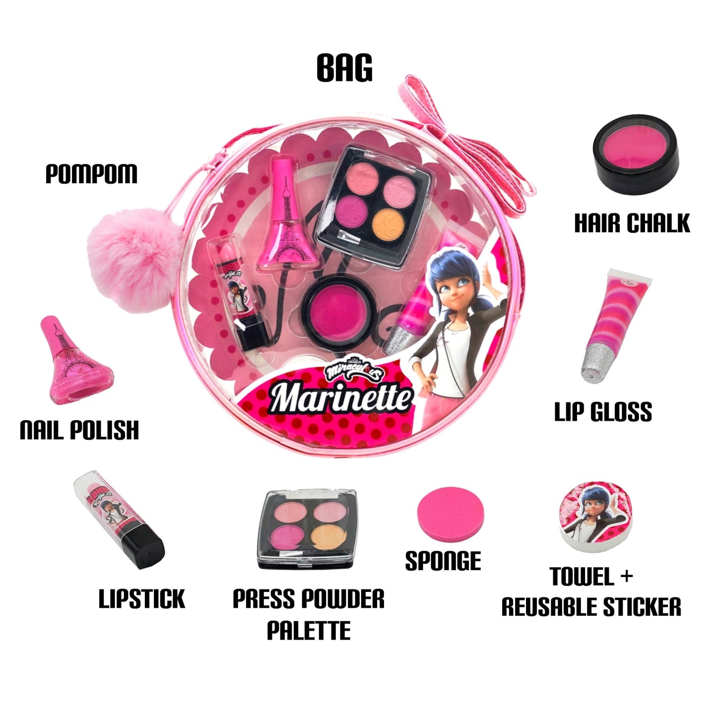 Miraculous Ladybug Kids Makeup Set - 10 Piece Bag with Nail Polish, Hair Chalk, Stickers & More - Safe, Non-Toxic Pretend Play Cosmetics - Marinette Themed Makeup Kit for Children