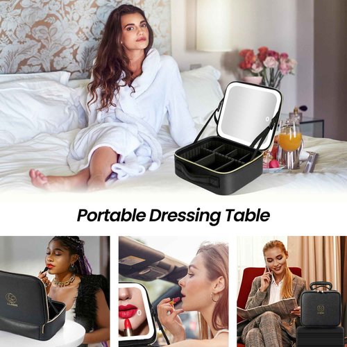 LILIBEBE Travel Makeup Bag with Led Mirror Detachable 3 Color Scenarios Adjustable Brightness Large Cosmetic Organizer Storage Adjustable Dividers Waterproof Makeup Brushes Toiletry Gift Black