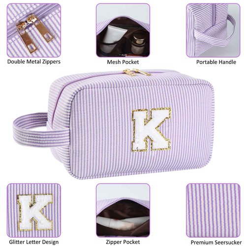 Huifen Personalized Initial Makeup Bag A-Z, Travel Toiletry Bag Preppy Make Up Bag Cosmetic Pouch Makeup Organizer for Women Birthday Christmas Gifts for Teen Girls Trendy Stuff (Purple, C)