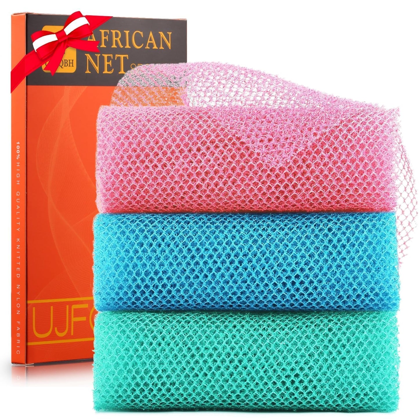 3 Pieces Long African Bath Sponge Exfoliating Body Scrubber Back Scrubber Skin Smoother,Great for Daily Use (Pink, Blue, Green)