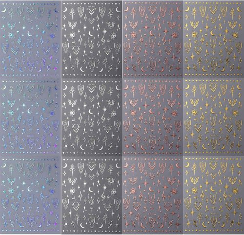 12 Sheets Star Nail Art Stickers Decals 3D Self-Adhesive Silver Gold Moon Nail Stickers Aurora Rose Gold Nail Decals Supplies for Nail Art Design Accessories for Women