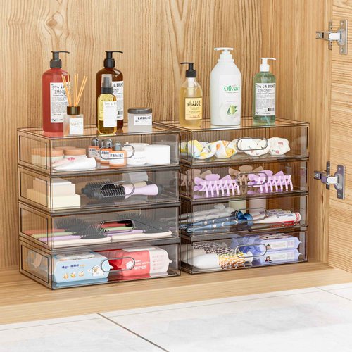 Clear Stackable Makeup Organizer with Drawer, 12''W Acrylic Storage Drawers, Cosmetic Display Case for Vanity Bathroom Countertop, Beauty Holder for Lipstick Brush Skincare Perfume (5 Pack)