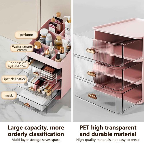 DASITON 6 Slots Makeup Brush Holder,Makeup Organizer,Makeup Brush Holder with 2 Drawers,Divided Makeup and Makeup Storage Holder,for Cosmetics(Pink-F1)