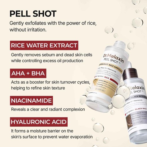 Dr.Melaxin Peel Shot Glow White and Black Rice Ampoule Duo, Soft Exfoliating Face and Body Scrub Dead Skin Cells, Blackheads Remover for All Skin Types