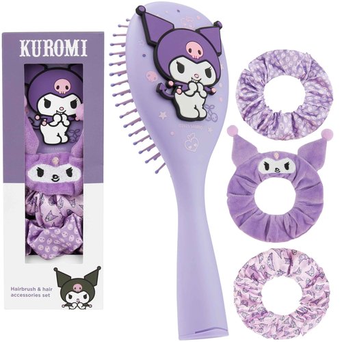Hello Kitty Sanrio Hair Brush & Scrunchies Set for Girls, Teens, Women, Kuromi, Cinnamoroll Cute Stuff, Detangler Brush, Kawaii Gifts for Her (Kuromi Brush & Scrunchies)