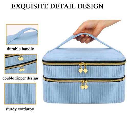 LYFFXYH Double-Layer Nail Polish Organizer, Nail Polish Storage with Handle, Nail Bag Organizer Case for Professional Manicure Kit & Travel (Blue, 42 Bottles-Small)