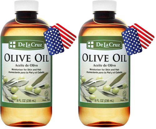 De La Cruz Pure Olive Oil - Natural Expeller Pressed Olive Oil for Hair and Skin - Lightweight Body Oil for Dry Skin 8 Fl Oz (Pack of 2)