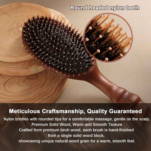 Lynnieëlle Premium Solid Wood Hair Brush, Nylon & Boar Bristle With Cushion Base, Exquisite Design, Detangling Hairbrush for all hair types