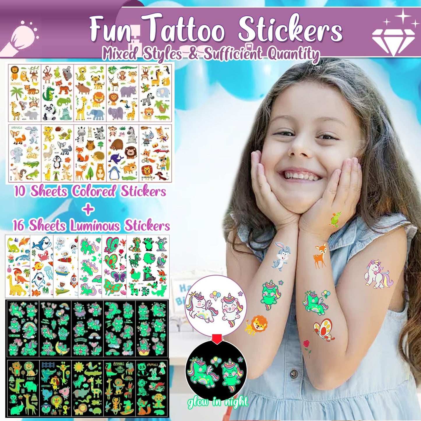 TEUVO Kids Glitter Tattoo Kit with 24 Colors, 232 Stencils, 3 Face Jewel Stickers, 5 Brushes, 3 Glue, 100+ Colorful & 100+ Glow-in-the-dark Temporary Tattoos Stickers for Halloween Birthday Festival