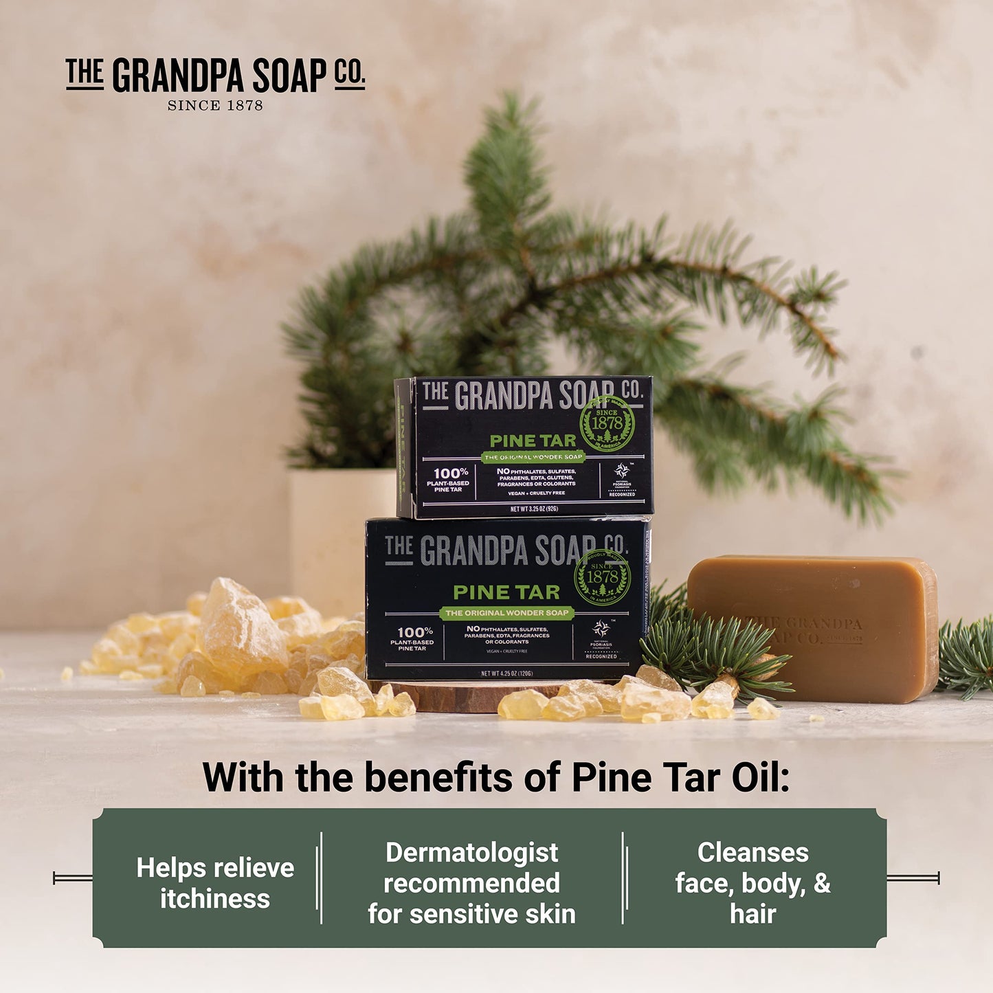 The Grandpa Soap Company Pine Tar Bar Soap for Men- Made With 100% Plant-Based Pine Tar Oil, 3 in 1 Cleanser Deodorizer and Moisturizer, Dermatologist Tested, Safe for Sensitive Skin, 3.25 Oz, 3 Pack