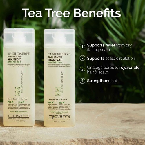GIOVANNI Tea Tree Triple Treat Invigorating Shampoo - Cooling Peppermint, Eucalyptus & Rosemary, Strengthen & Rejuvenate Hair & Scalp, Salon Quality, Paraben Free, Tea Tree Shampoo - 24 oz (Pack of 2)