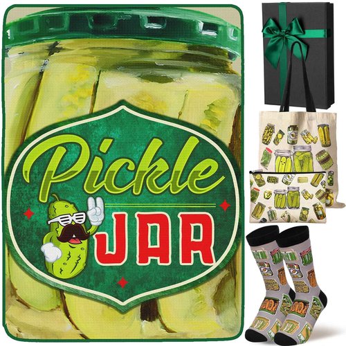 Soaoo 4 Pcs Christmas Funny Pickle Gifts for Pickle Lovers Women with Blanket, Tote Bag, Socks, Zipper Makeup Bag Funny Jar Gifts for Prizes Birthday Christmas Party Favor with Present Box