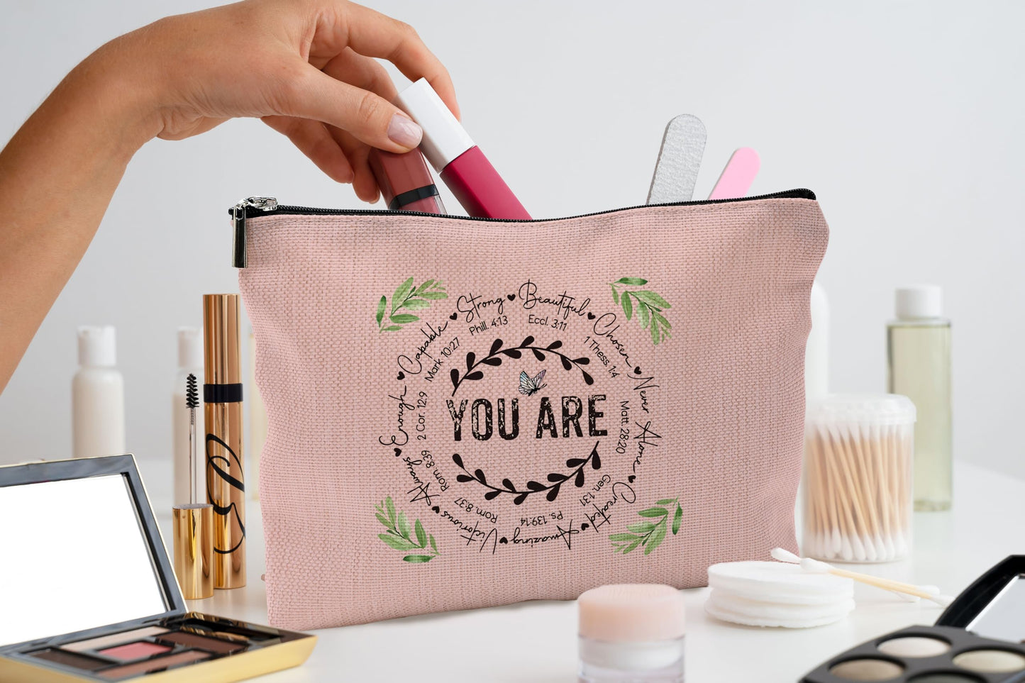 QGFM Pink Makeup Bag,Christian Gifts for Women,Inspirational Cosmetic Bags With Zipper,You are Makeup Bag,Inspirational Christian Gifts