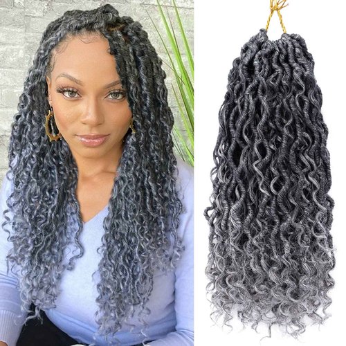 LIYATE Goddess Locs Crochet Hair 14 Inch 6 Packs Faux Locs Crochet Hair for Black Women Pre Looped Soft River Locs Crochet Braids with Curly Hair Bohemian Hippie Locs Hair Extensions(T1B/Gray)