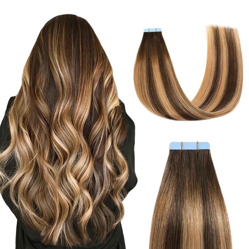 Sunya Tape in Hair Extensions Human Hair Balayage Chocolate Brown to Caramel Blonde 16 Inch 40g/pack 20pcs Straight Seamless Skin Weft #P4/27/T4 Tape in Hair Extensions