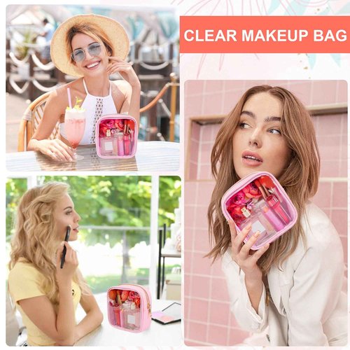 Ebbniur Clear Makeup Bag for Purse Small Nylon Zipper Pouch Mini Travel Cosmetic Bag Clear Toiletry Bags for Traveling Cute Makeup Organizer for Women (1pc pink clear)
