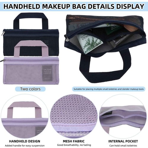 BQSAZHYJ 2Packs Mini Travel Toiletry Bags for Men and Women,Small Mesh Makeup Bag Portable Cosmetic Pouch Square Mesh Storage Bag Toothbrush Travel Bag with Zipper (navy blue and purple)