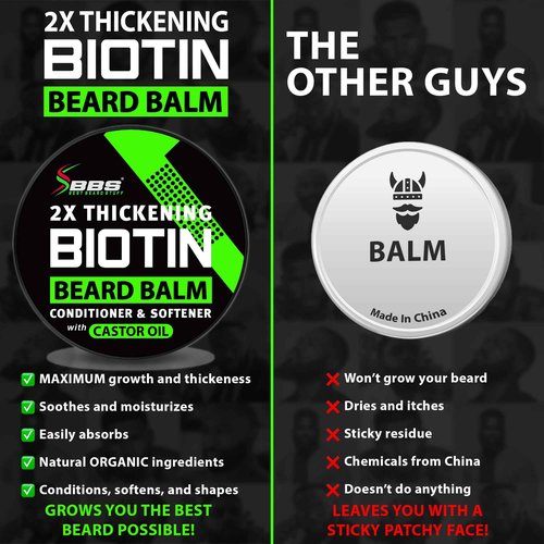 Biotin Beard Balm for Men - 2X Thickening for Beard and Mustache - Organic Mustache Wax with Castor Oil & Meadowfoam – Hydrating Facial Hair Growth Balm & Leave-In Conditioner