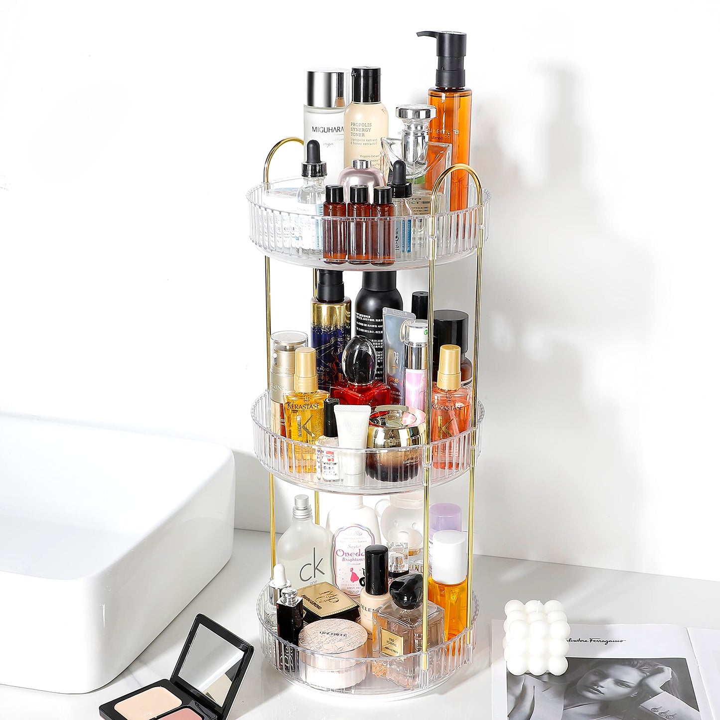 ZWQGOWILL 360° Rotating Makeup Organizer, Bathroom Makeup Carousel Spinning Holder Rack, Large Capacity Cosmetics Storage Box Vanity Shelf Countertop, Fits Cosmetic, Perfume (Transparent 3 Layers)