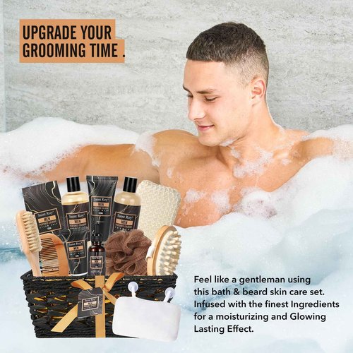 Fathers Day Christmas gift for Men Dad Bath Perfume Gift Set, 14 Pcs Spa Basket with Classic Perfume kit, Personal Self Care Shaving Kit Relax Included Scubber, Beard Oil, Bath Pillow, Valentines Day