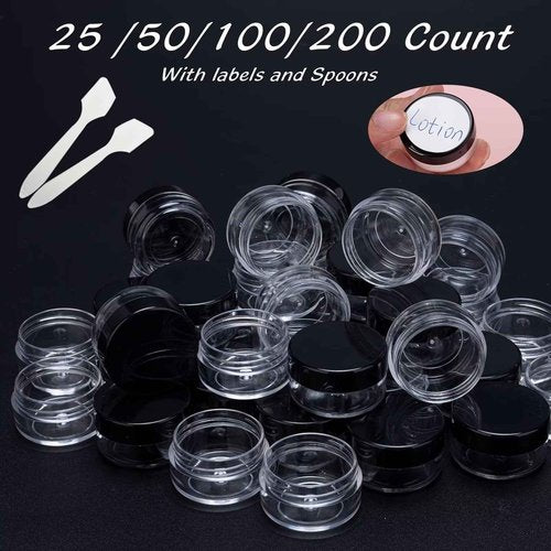 50 Count 5 Gram Sample Containers, Clear Lip Balm Containers with Lids, Small Plastic Sample Jars with 4 Mini Spoons, 50pcs Labels (Black Lid)