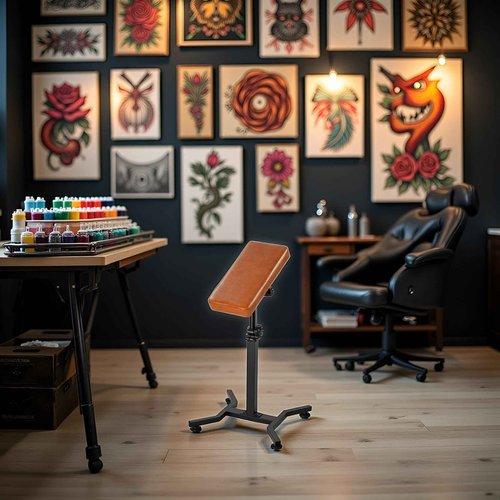 POARMEEY Tattoo Arm Rest Stand for Artists Tattoo Armrest with Brown Soft Pillow Reinforced Iron and Adjustable Height Angle