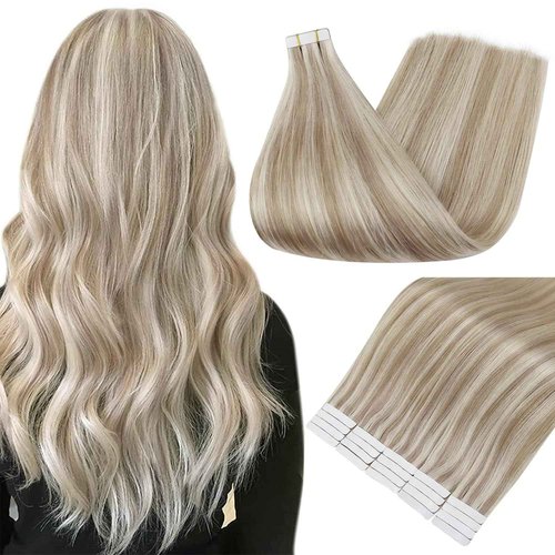 Full Shine Tape in Hair Extensions Human Hair 16 Inch Tape Extensions Real Human Hair Color 18 Ash Blonde and 613 Light Blonde Invisible Tape Ins Human Hair Extensions 50Grams 20Pcs for Party