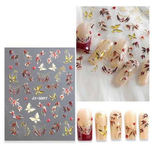 SUTOKAKA Cherry Nail Art Stickers 5 Sheets Self-Adhesive Embossed 5D Red Cherry Bowknot Nail Decals Cute Fruit Summer Autumn Nail Decorations for DIY Nail Art Design