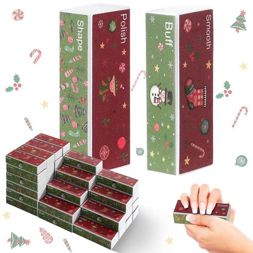 FoldTier 50 Pcs Christmas Nail Buffer Blocks Gifts Bulk Xmas Tree Snowman 4 Way Nail Buffer Files for Natural Acrylic Nails Xmas Party Stocking Stuffers Gifts for Women Customers Coworkers Staff