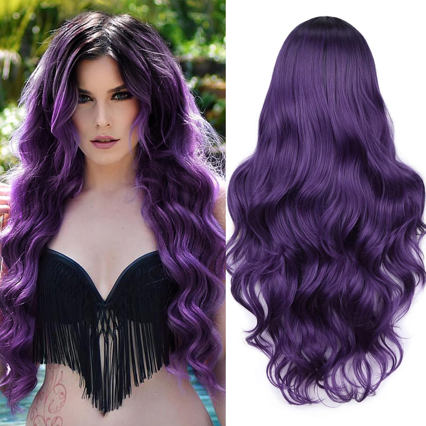 FAVE Ombre Wig Purple Wig Long Curly Wavy Wig Heat Resistant Synthetic Wig Dark Roots Puple Wigs for Women Daily Party Cosplay