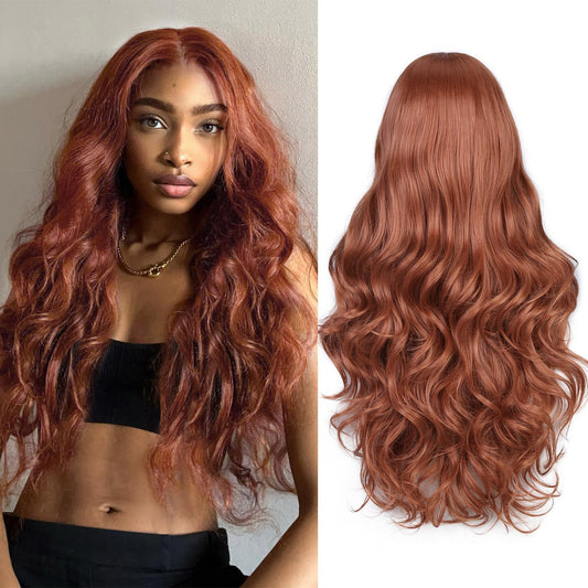 FAVE 28 Inches Lace Front Wig 200% Density Heat Resistant Synthetic Lace Front Wig Long Wavy Free Part Auburn Wig Glueless Lace Front Wigs for Women Lace Wig for Party Daily Use (Auburn)