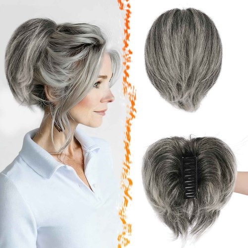 BARSDAR Claw Clip Short Human Hair Ponytail Extension with Bendable Metals - DIY Styles 8 Inch Real Human Hair Gray Messy Bun Hairpieces for Women - Thick Natural Short Ponytail Daily Wear