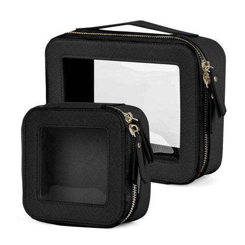 Valleycomfy Clear Cosmetic Bag Set Travel Toiletry Bag Set,Clear Makeup Organizer Bag with Visual Window Double Zipper,Black