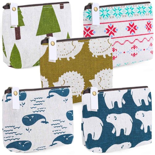 Koogel 5PCS Coin Purses, Canvas Zipper Change Purses Small Zipper Pouch 5 Styles Mini Canvas Purse Pouch Small Cosmetic Bag for Travel Women