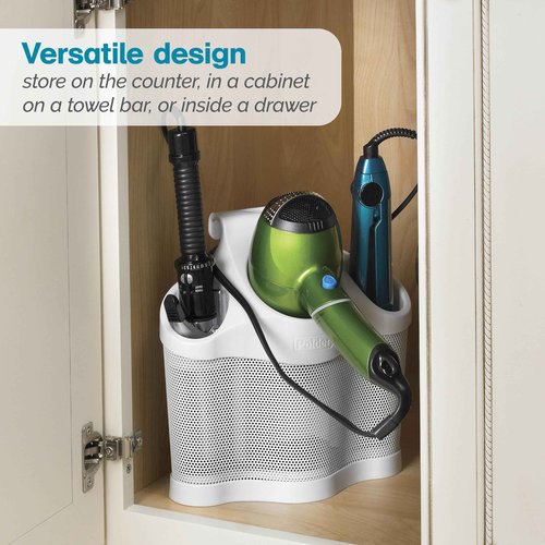 Polder Style Station, Tool Organizer for Hair Dryer, Curling Iron, and Straightener, Easy-to-Store Hair Styling Station, White and Silver