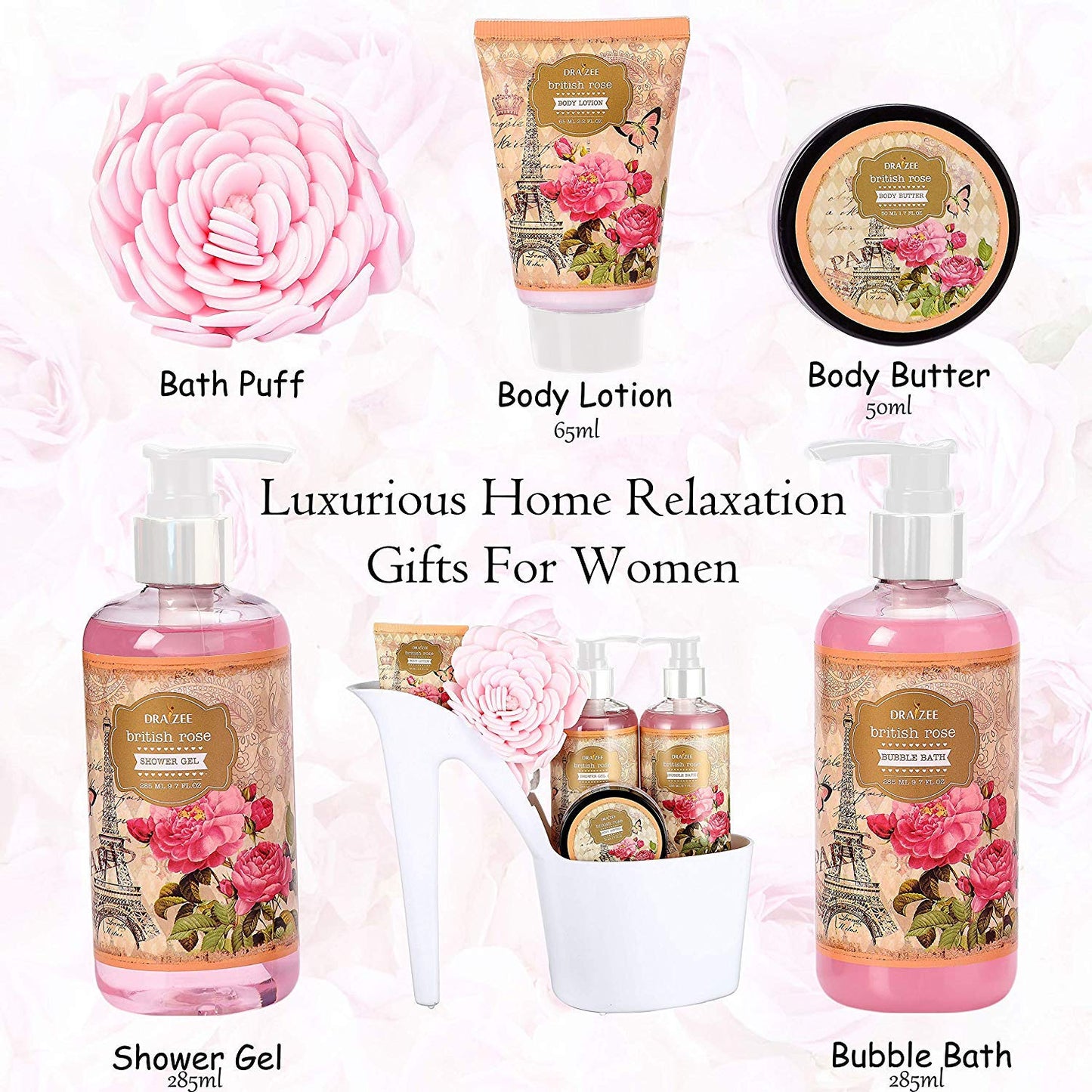 Spa Gift for Women - 5 Pcs Luxury Heel Shoe Spa Basket for Women Rose Scented Home Relaxation Set w/ Body Lotion & Butter, Shower Gel, Bubble Bath - Birthday, Self Care Gifts for Women by Draizee